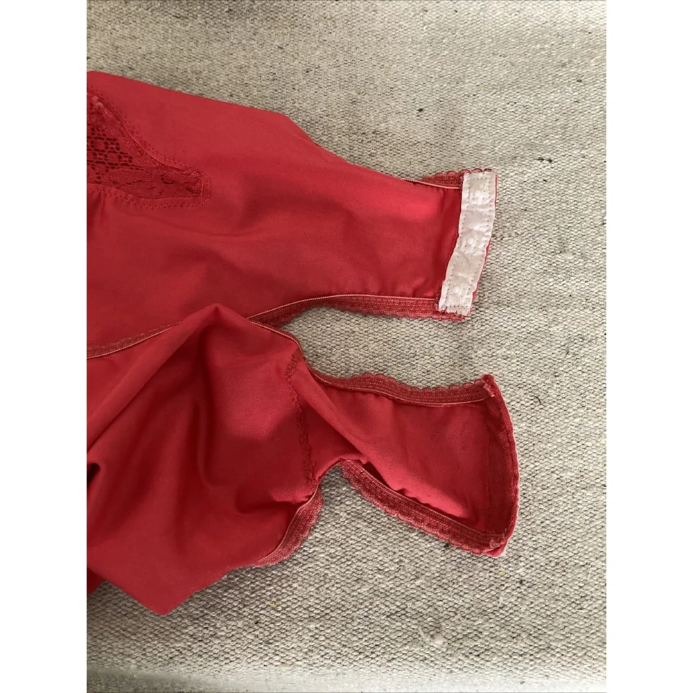 Vintage 70s Red Shiny Satin Second Skin Teddy Deep-V Lace Trim Straps Bodysuit S - Picture 11 of 11